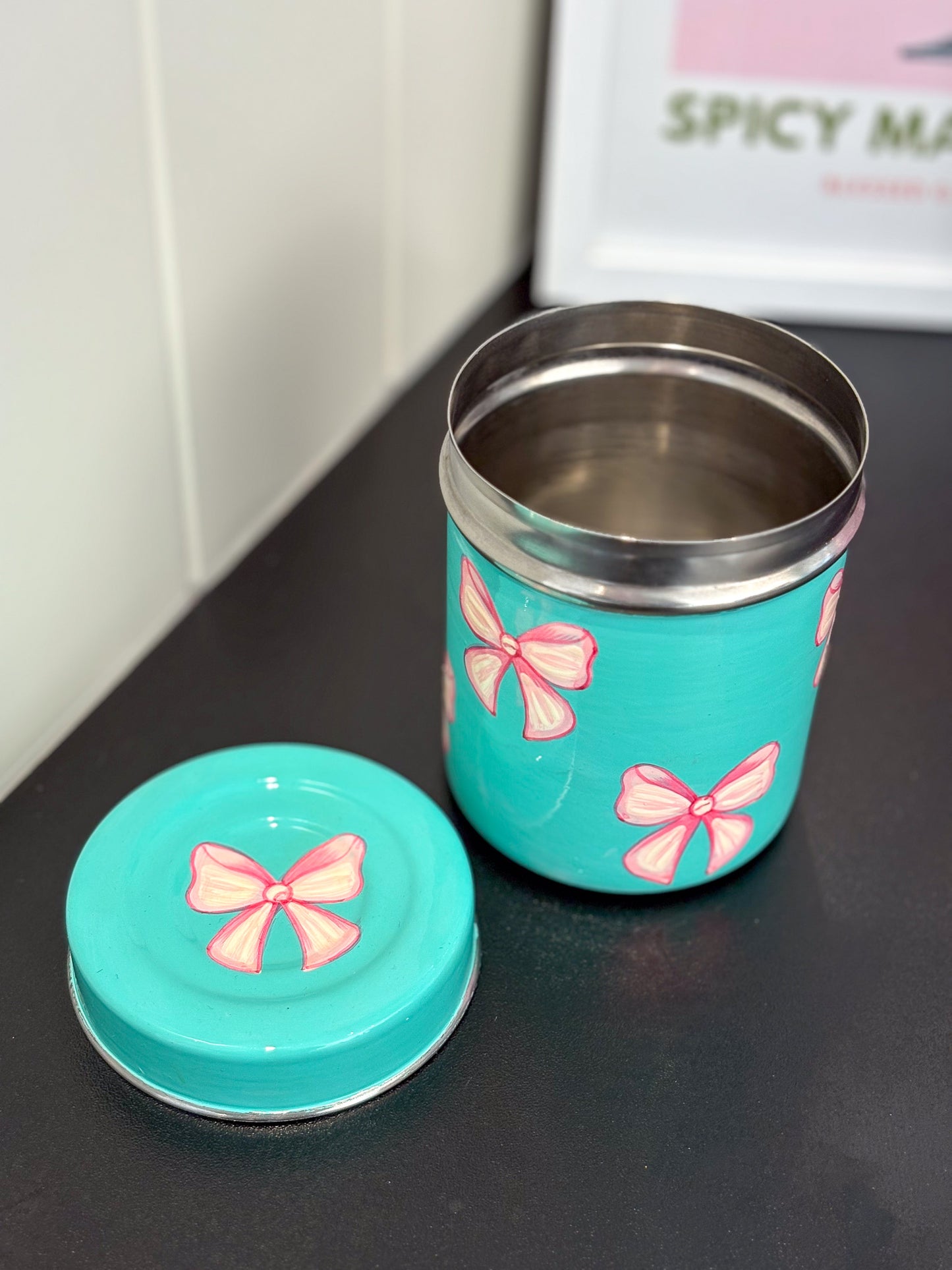 Pink Bow Hand Painted Tea Caddy Tin