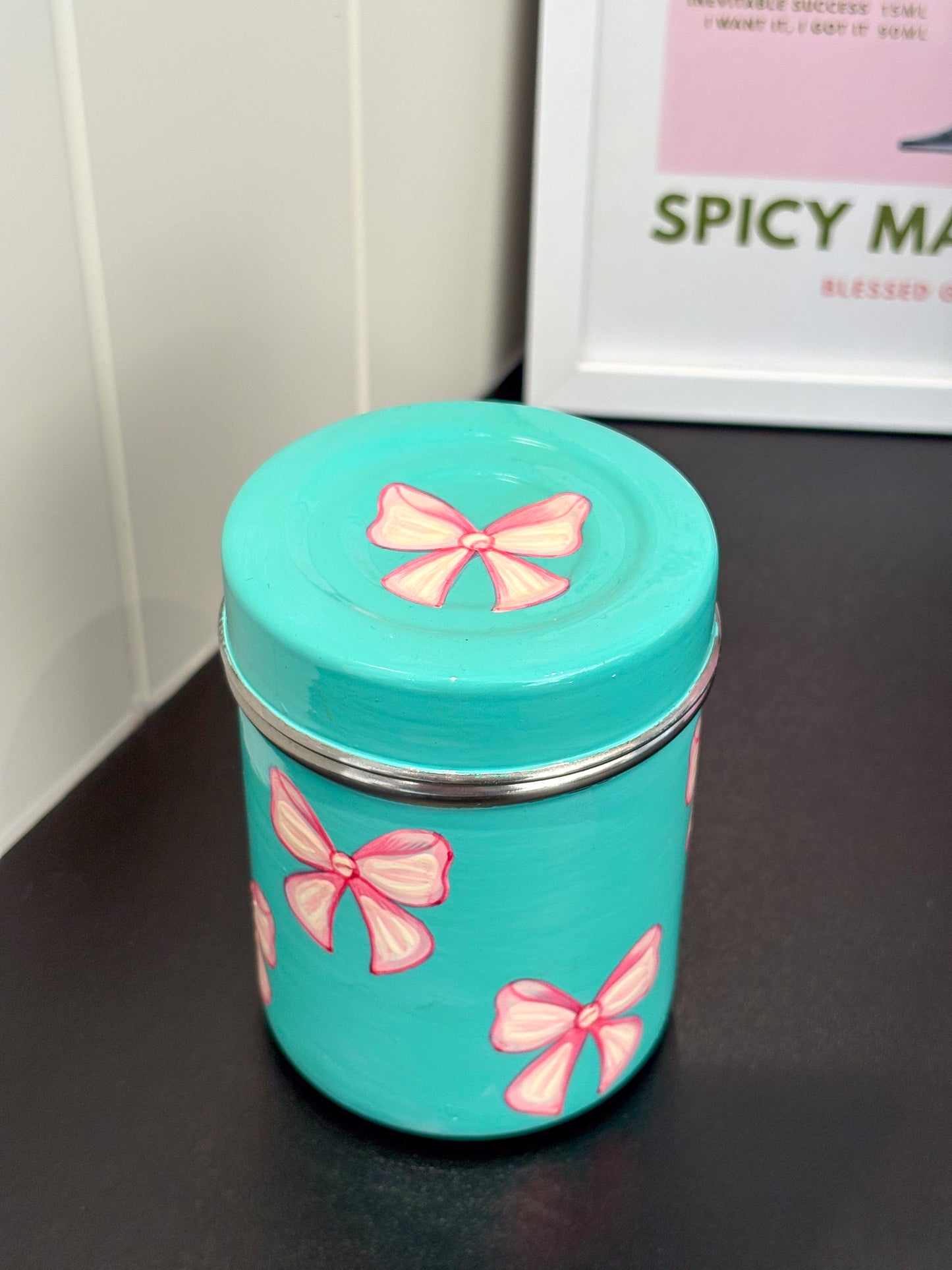 Pink Bow Hand Painted Tea Caddy Tin