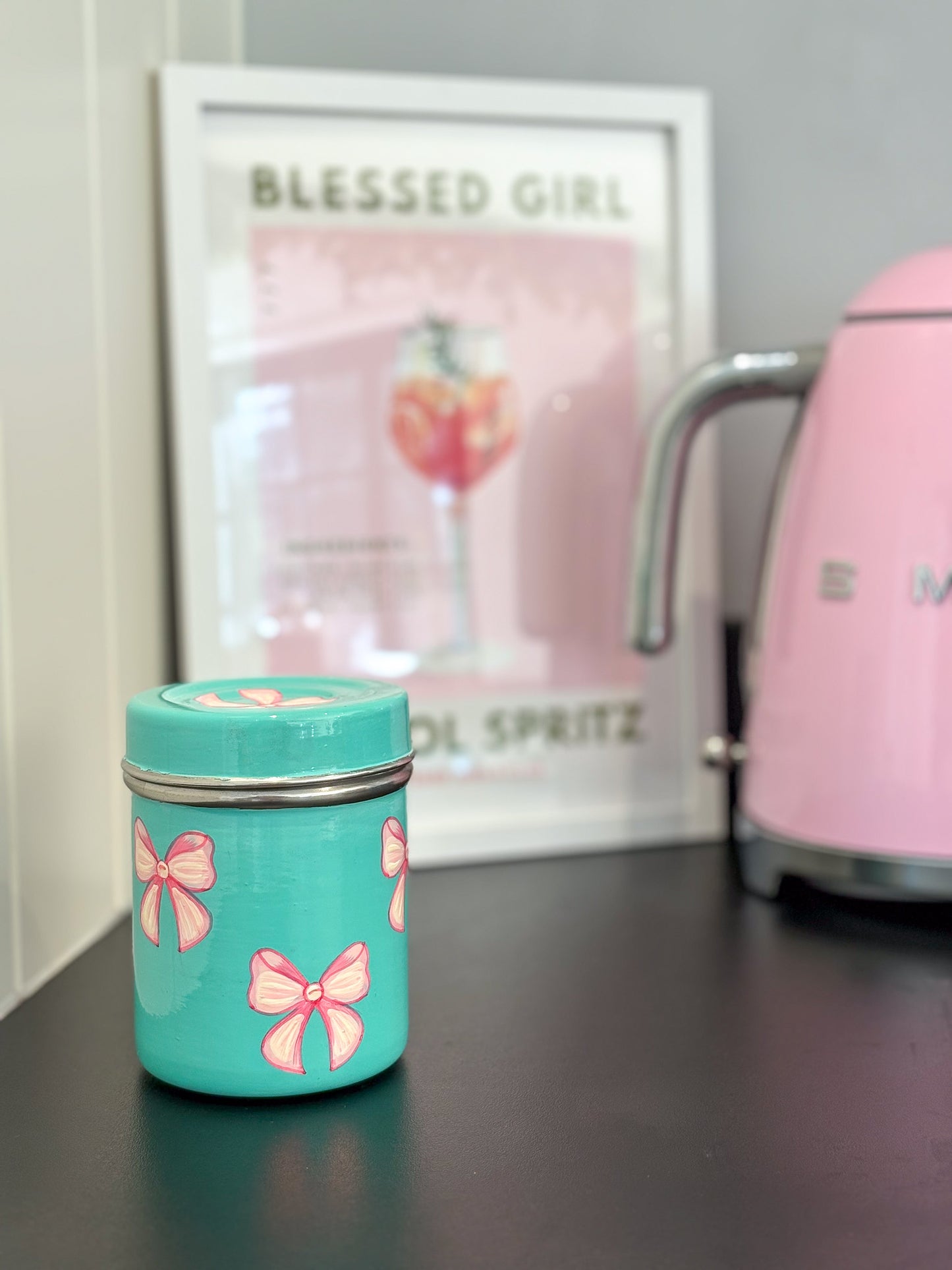 Pink Bow Hand Painted Tea Caddy Tin